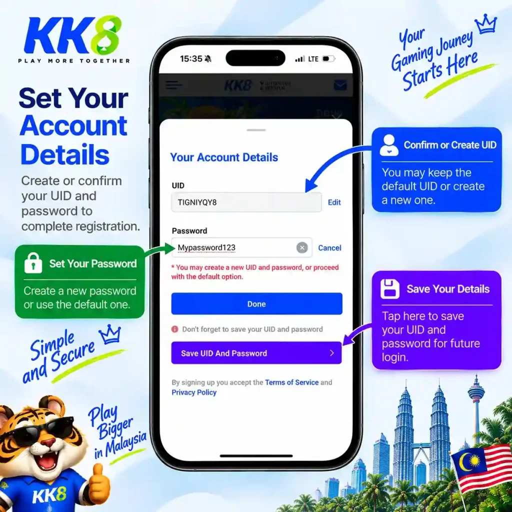 KK8 One-click registration account details with UID and password