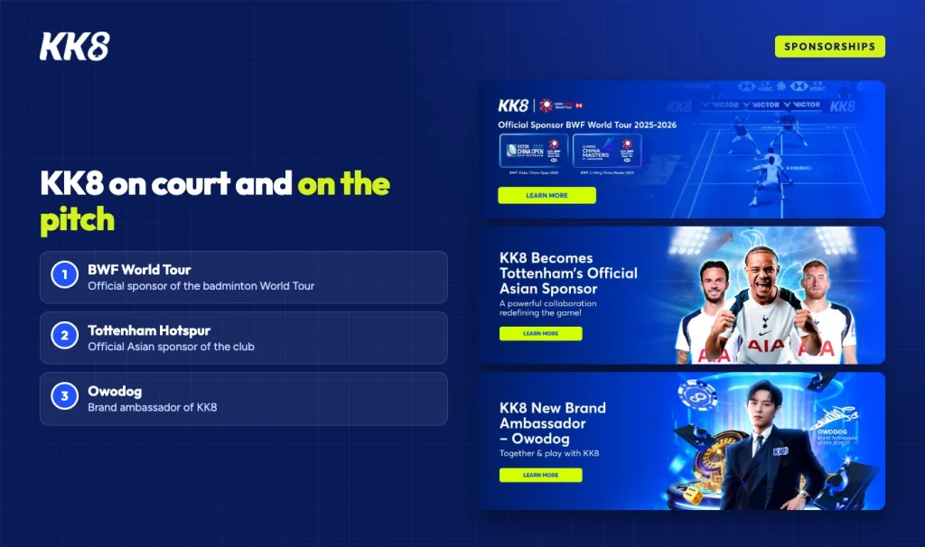 KK8 sponsorships: official sponsor of the BWF World Tour, official Asian sponsor of Tottenham Hotspur, brand ambassador Owodog