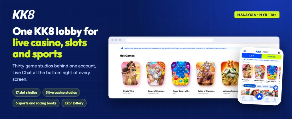 KK8 lobby on desktop and phone: Hot Games row with Pinata Wins and Gates of Olympus, Log In and Register buttons